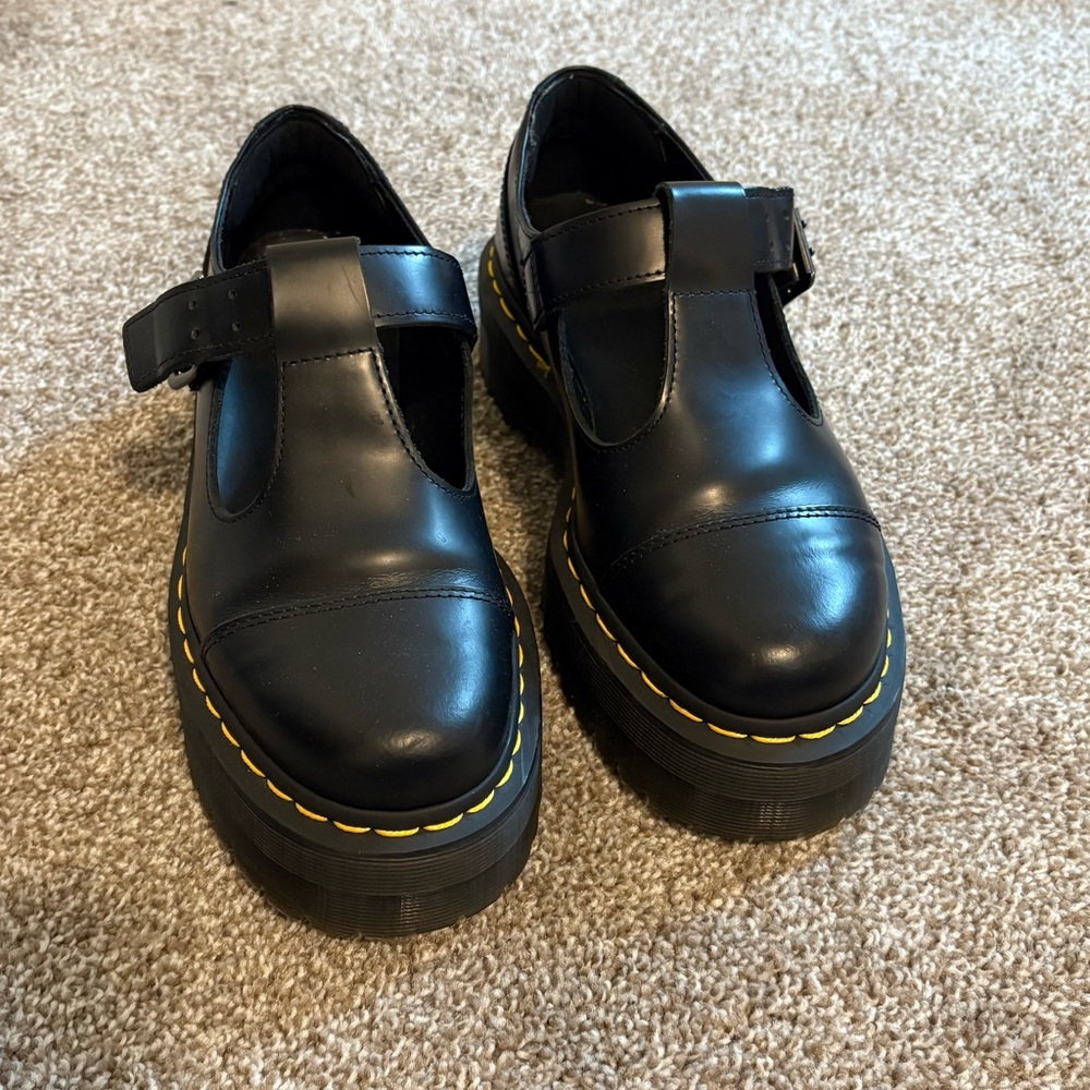 Dr. Martens Black Platform Shoes with Yellow Stitching